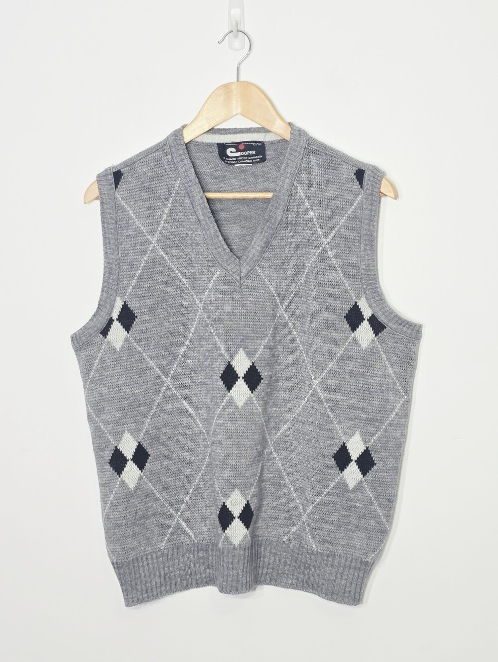 Cooper Vintage Gray Black Diamond Argyle Knitted Wool Blend Sweater Vest Size XL